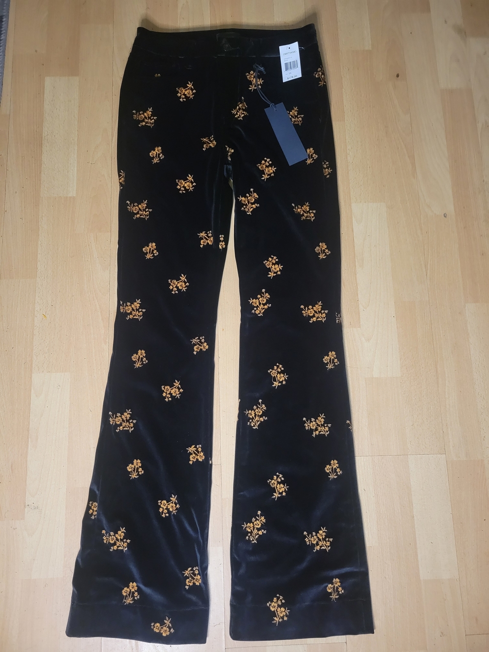 DRIFTWOOD Black Velvet Flare Pants with Gold Floral Motifs